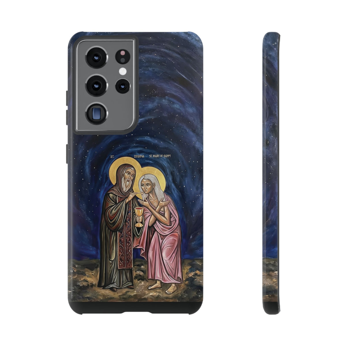 Christelijk telefoonhoesje Maria van Egypte en Sint-Zosimas donkerblauw mat