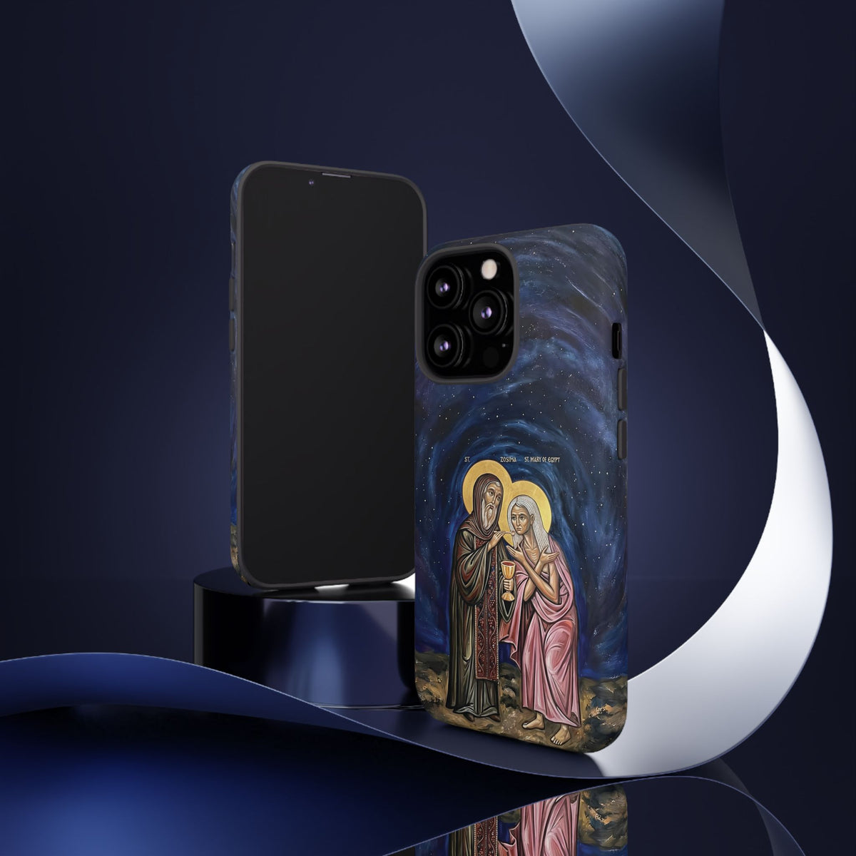 Christelijk telefoonhoesje Maria van Egypte en Sint-Zosimas donkerblauw mat