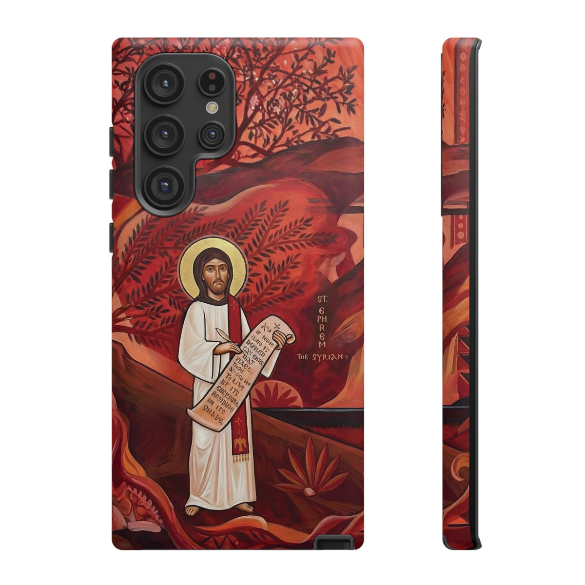 Christelijk telefoonhoesje Sint-Efrem de Syriër rood mat