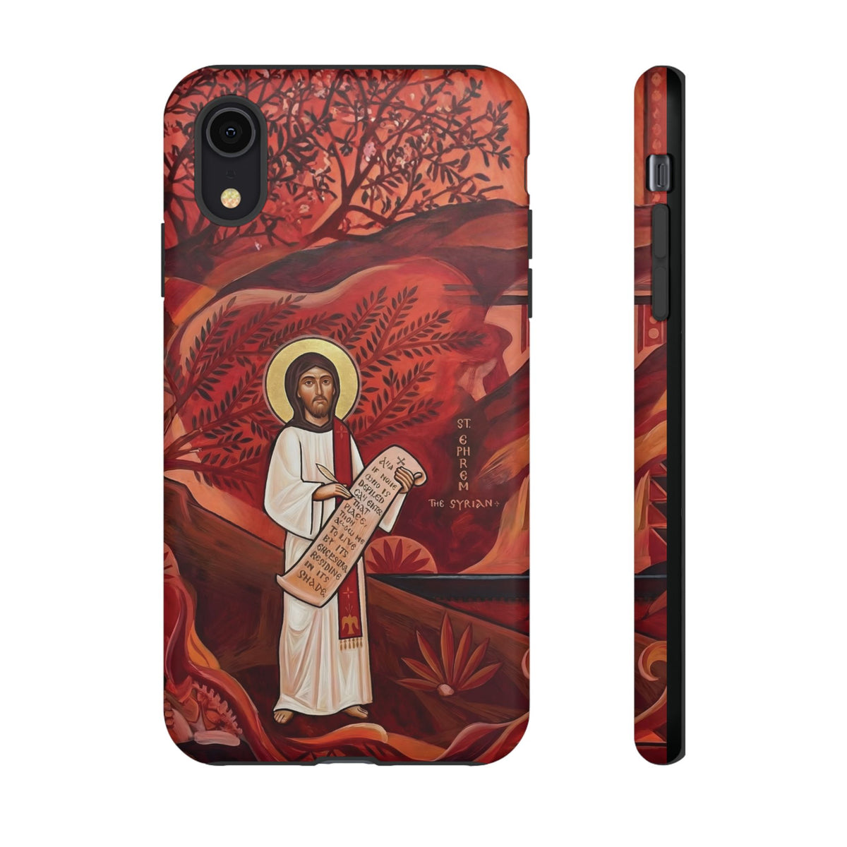 Christelijk telefoonhoesje Sint-Efrem de Syriër rood mat