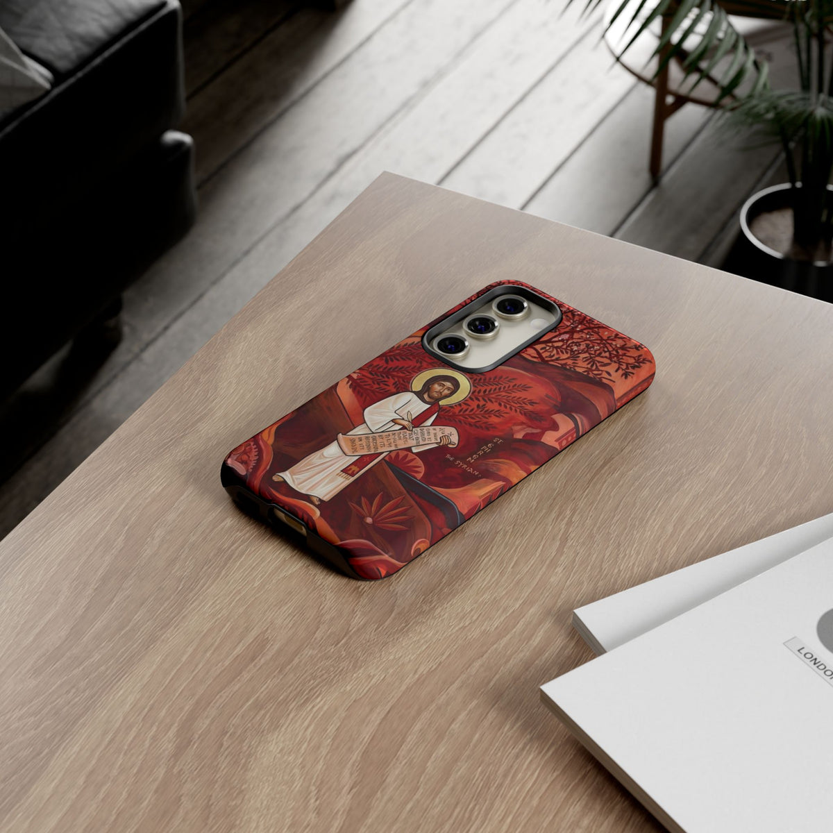 Christelijk telefoonhoesje Sint-Efrem de Syriër rood mat