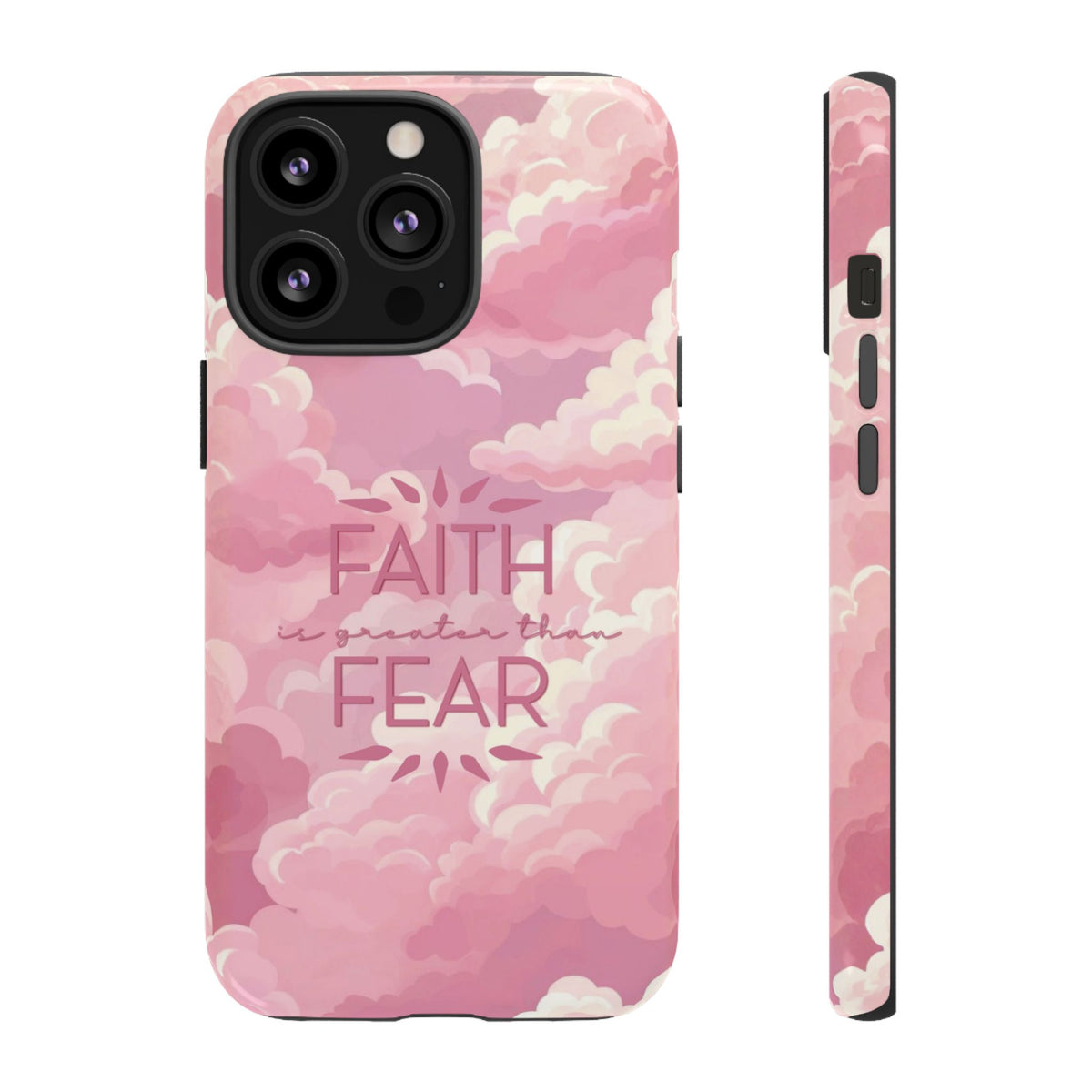 Christelijk telefoonhoesje Geloof is sterker dan angst roze mat