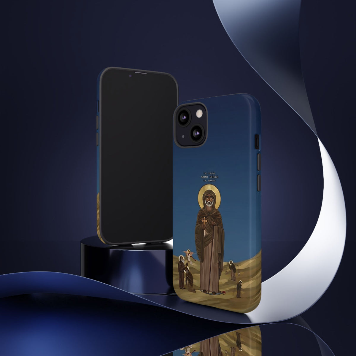 Christelijk telefoonhoesje Sint-Mozes de Sterke blauw mat