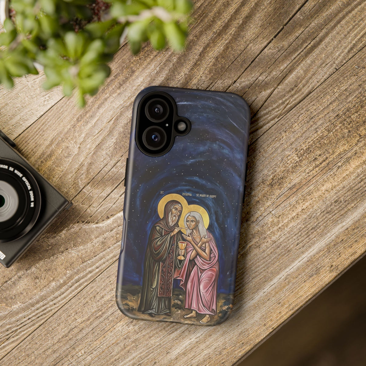 Christelijk telefoonhoesje Maria van Egypte en Sint-Zosimas donkerblauw mat