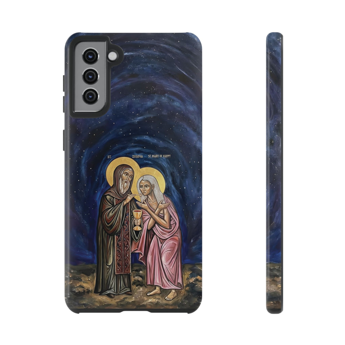 Christelijk telefoonhoesje Maria van Egypte en Sint-Zosimas donkerblauw mat