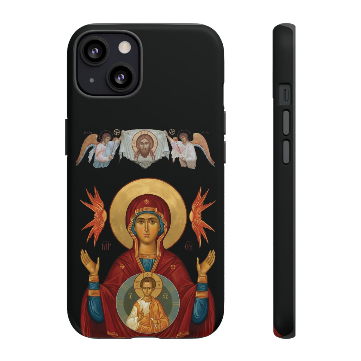 Christelijk telefoonhoesje De Heilige Maagd Maria zwart mat