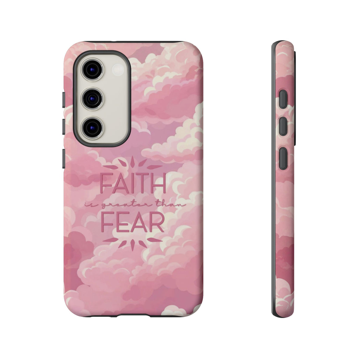 Christelijk telefoonhoesje Geloof is sterker dan angst roze mat
