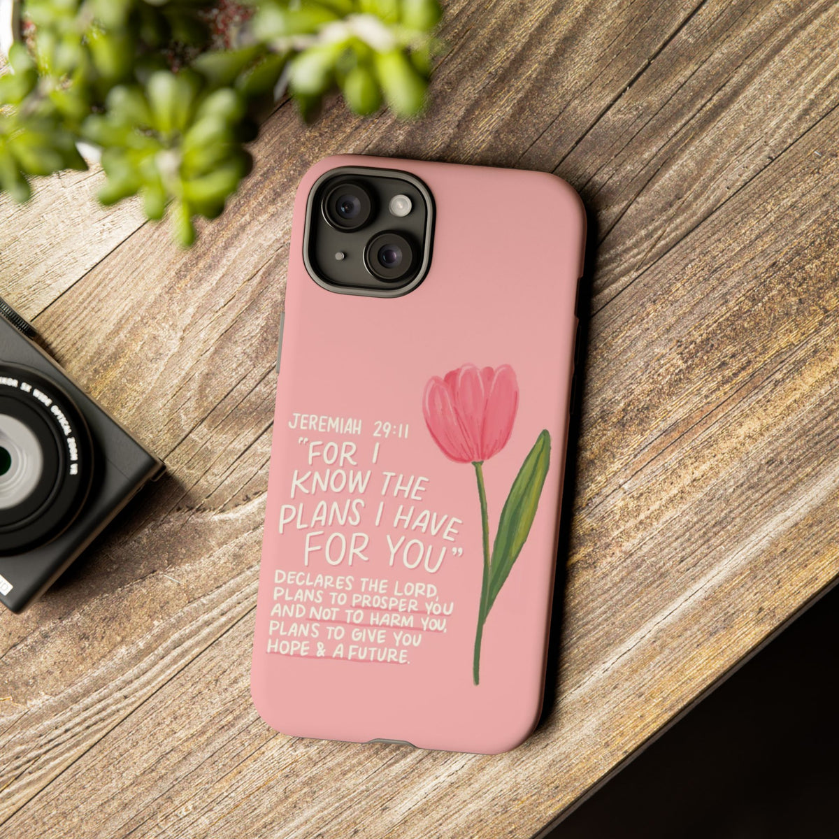 Christelijk telefoonhoesje Ik ken de plannen roze mat
