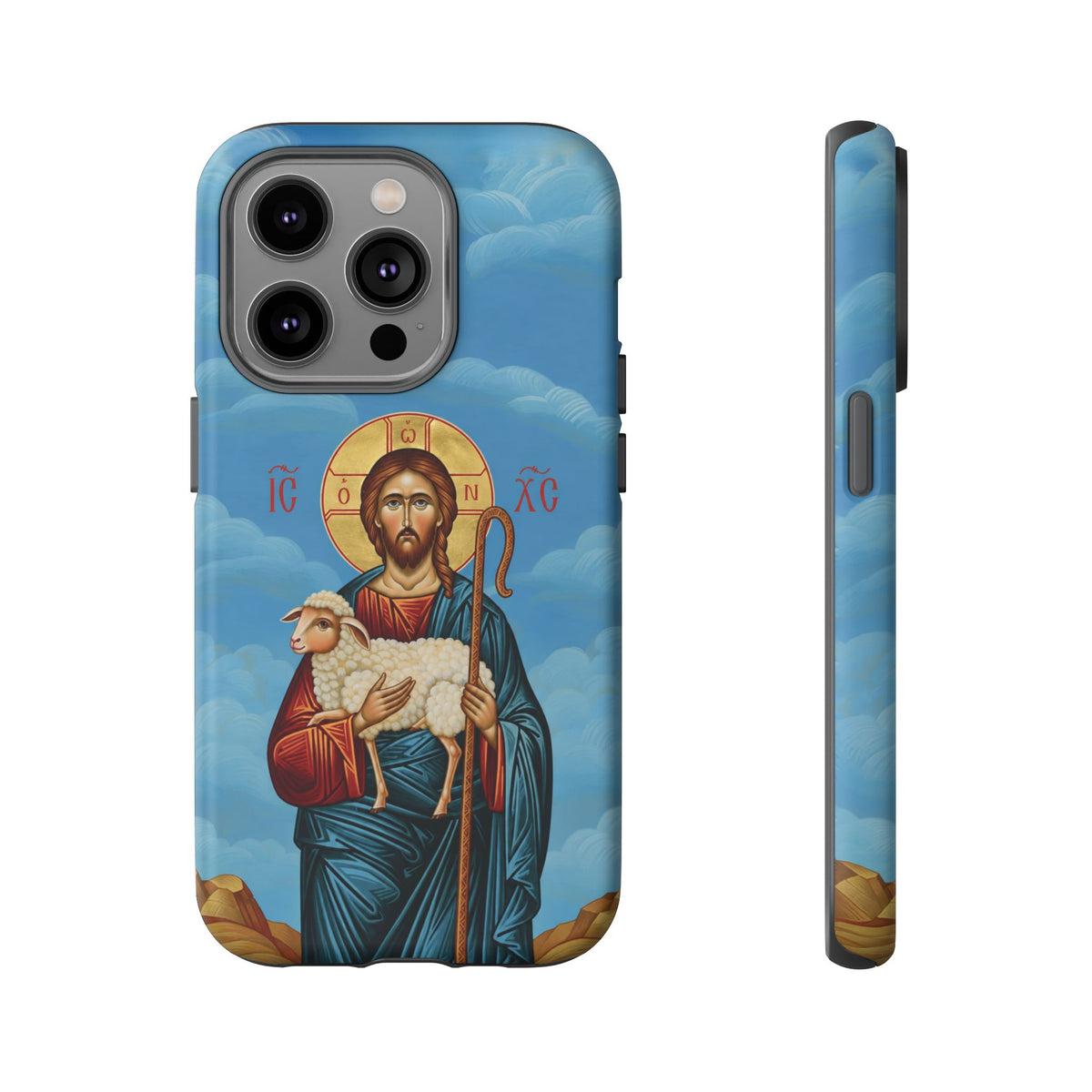 Christelijk telefoonhoesje De Goede Herder blauw mat