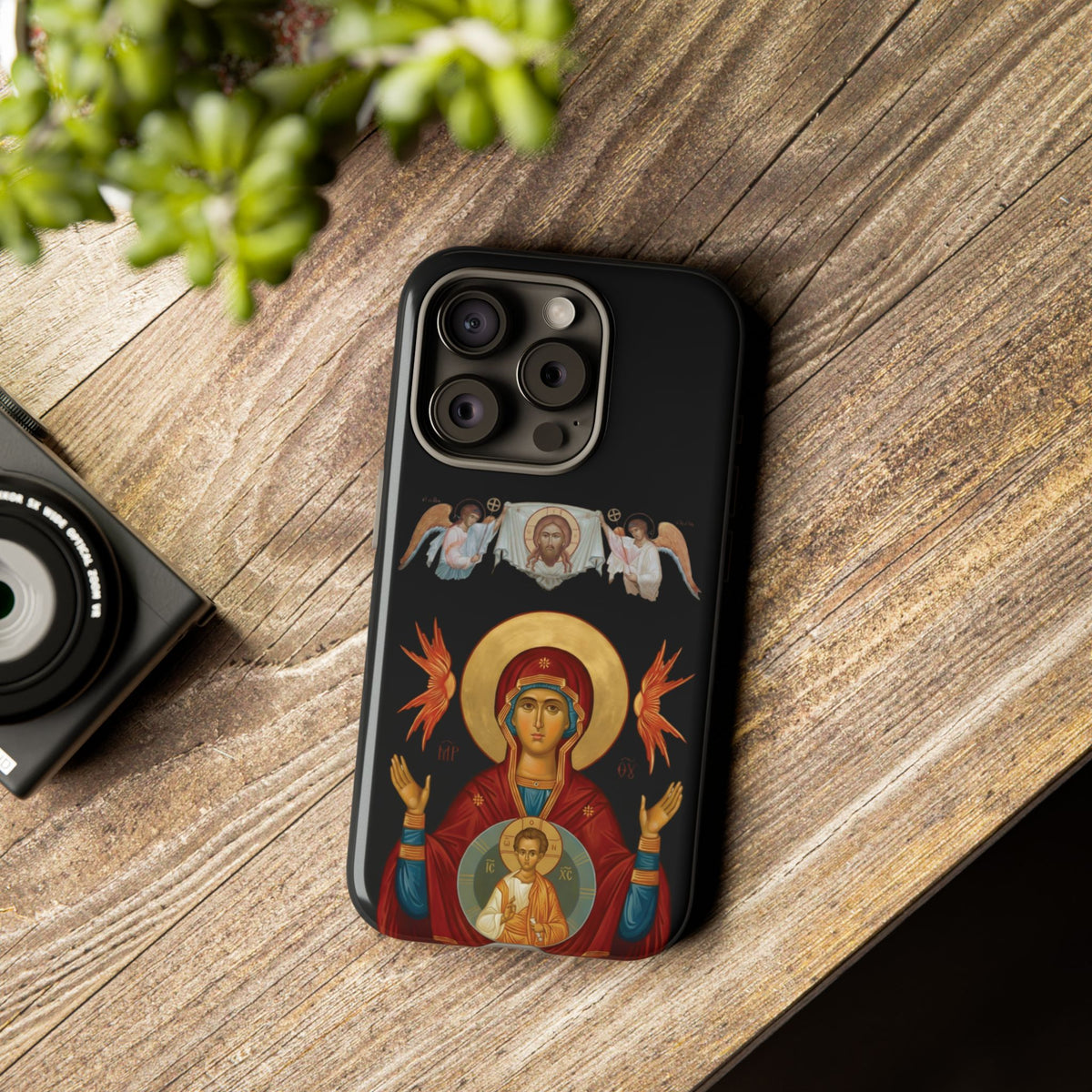 Christelijk telefoonhoesje De Heilige Maagd Maria zwart mat
