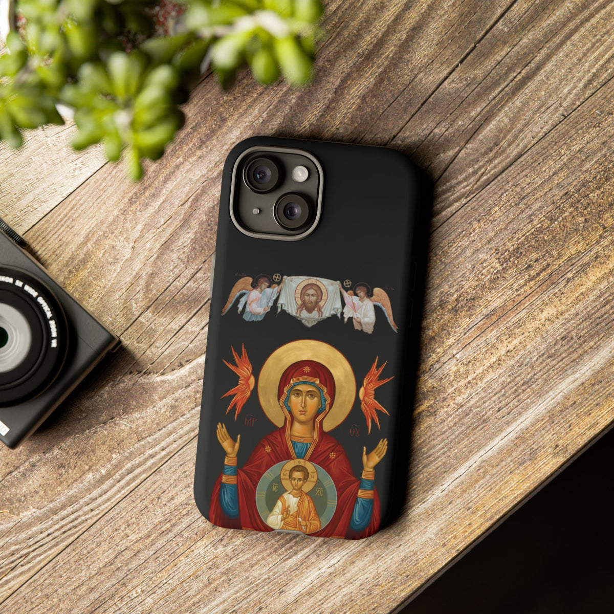 Christelijk telefoonhoesje De Heilige Maagd Maria zwart mat