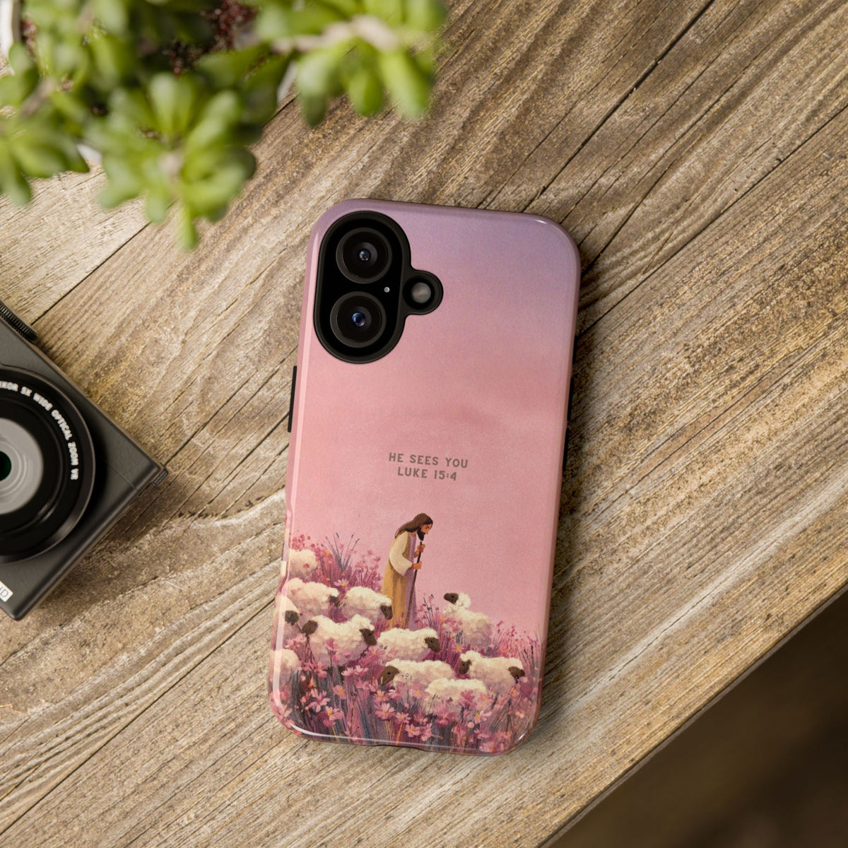 Christelijk telefoonhoesje Hij ziet jou roze mat