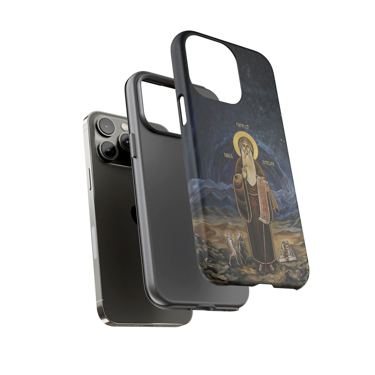 Christelijk telefoonhoesje Sint-Antonius de Grote donkerblauw mat