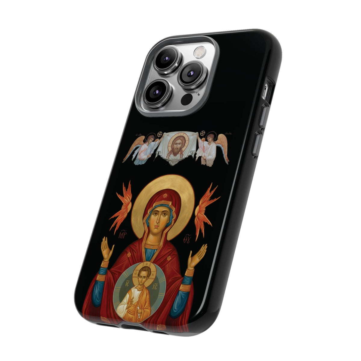 Christelijk telefoonhoesje De Heilige Maagd Maria zwart mat