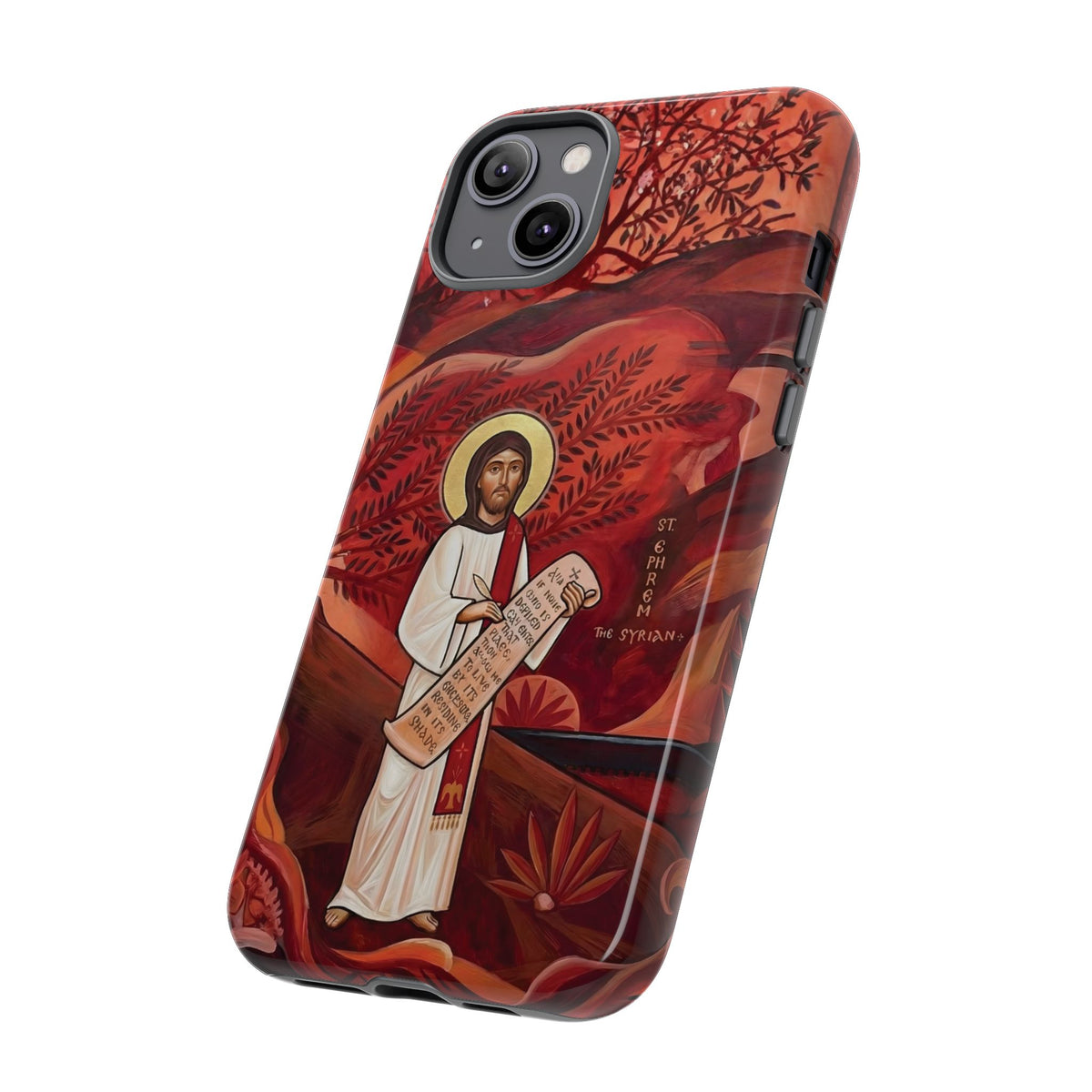 Christelijk telefoonhoesje Sint-Efrem de Syriër rood mat