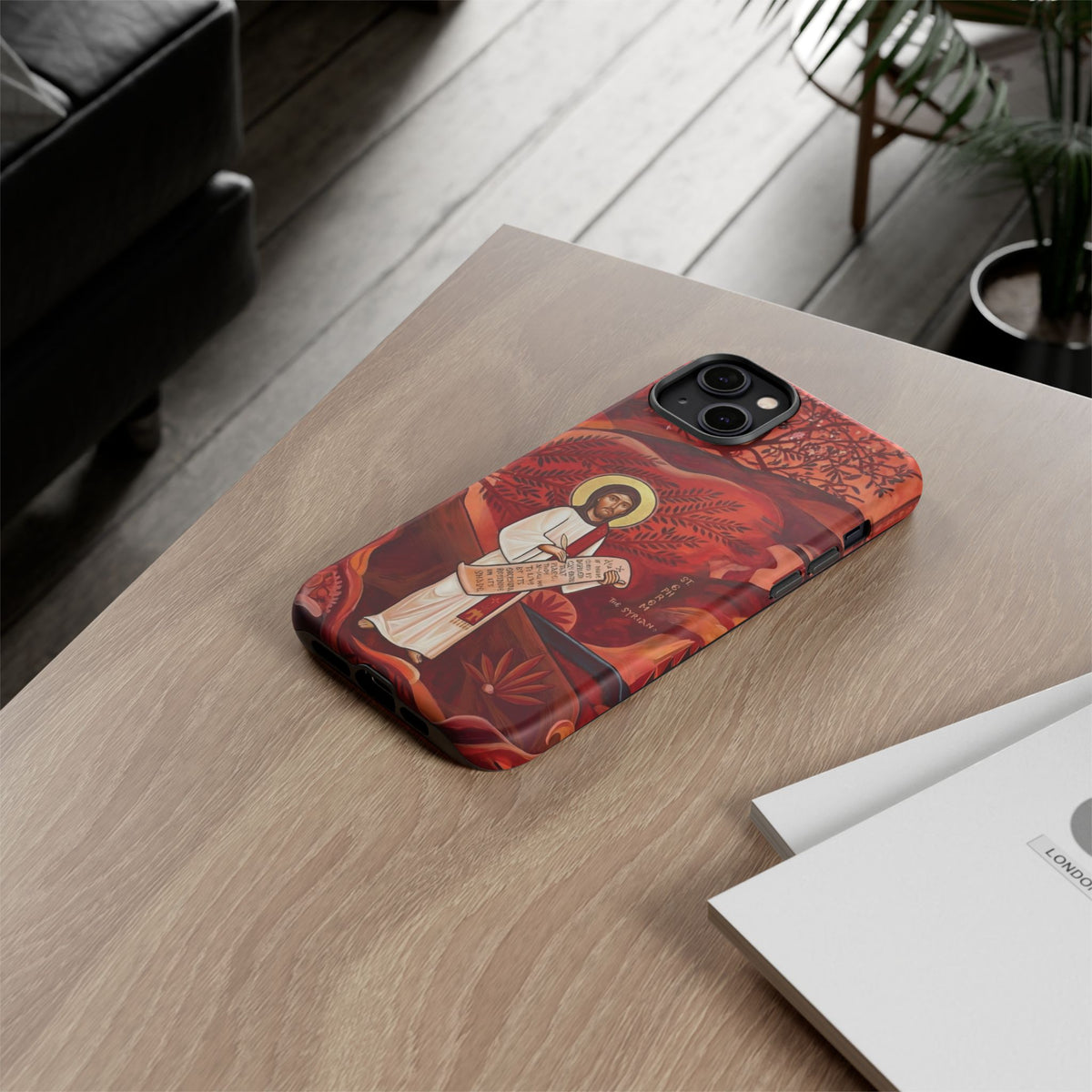 Christelijk telefoonhoesje Sint-Efrem de Syriër rood mat
