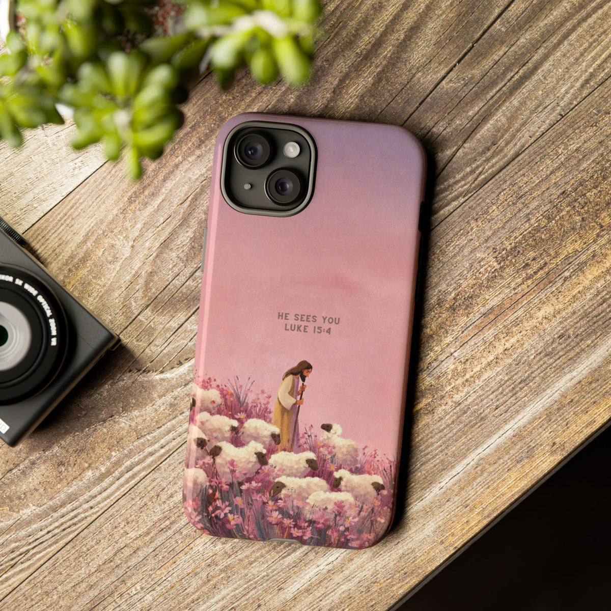 Christelijk telefoonhoesje Hij ziet jou roze mat