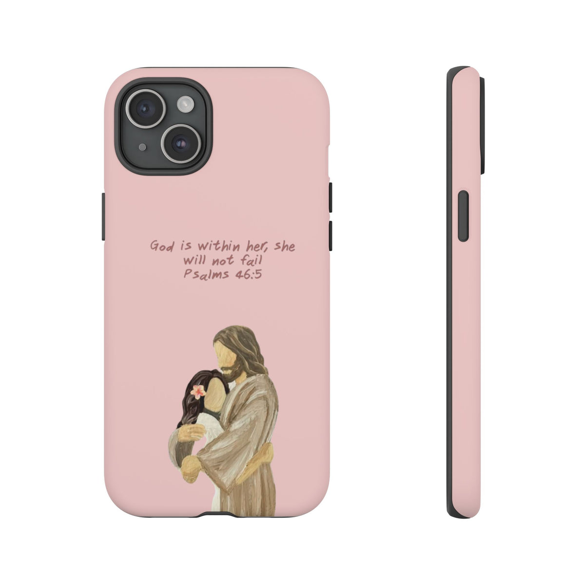 Christelijk telefoonhoesje God is in haar roze mat