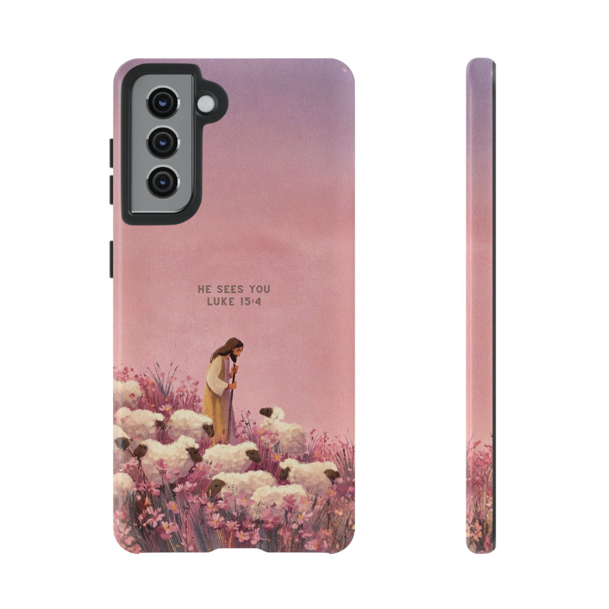 Christelijk telefoonhoesje Hij ziet jou roze mat
