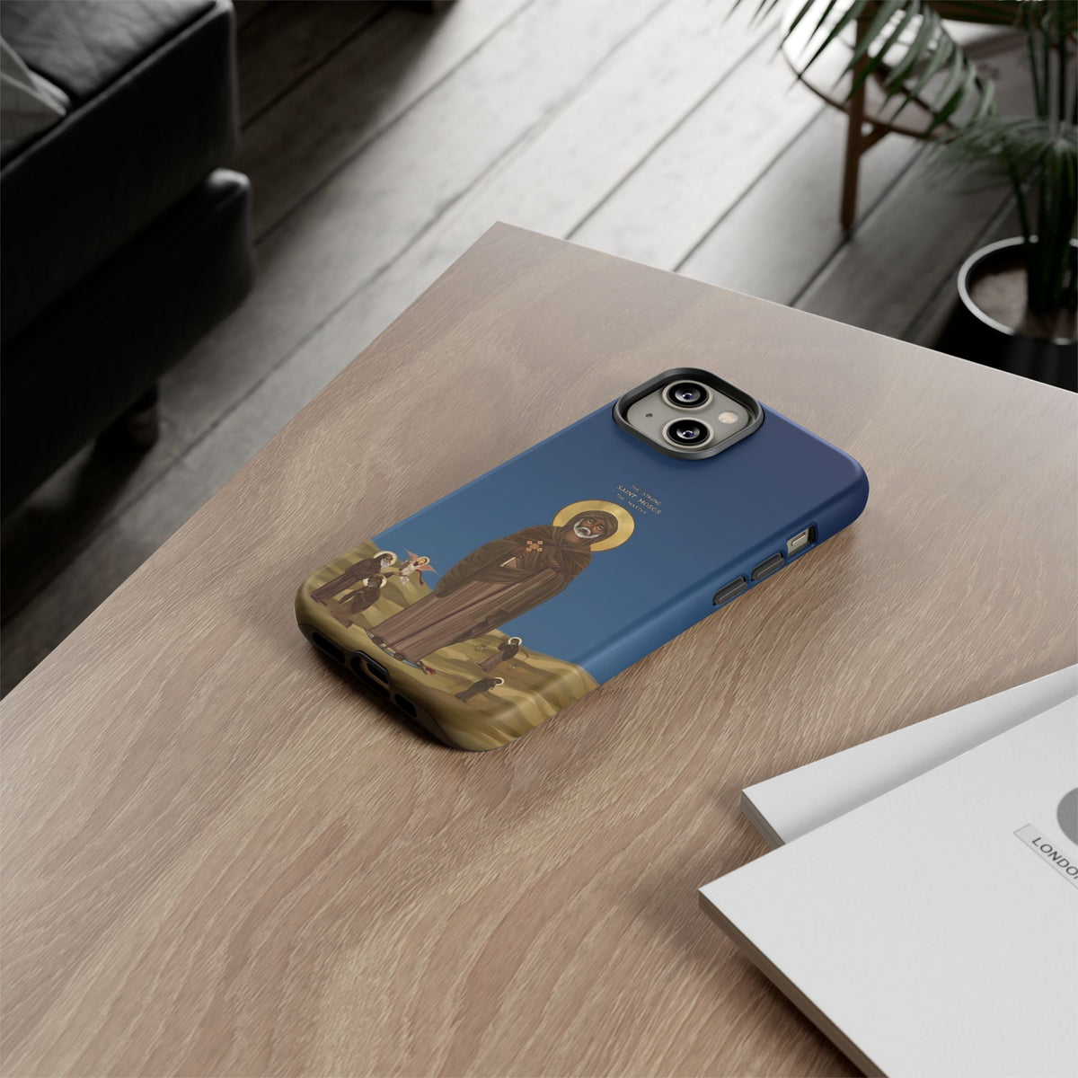 Christelijk telefoonhoesje Sint-Mozes de Sterke blauw mat