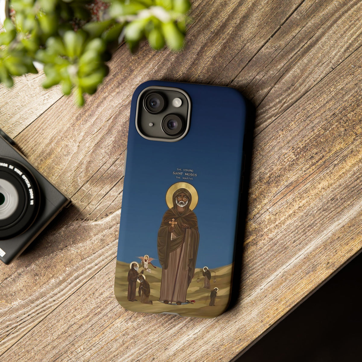 Christelijk telefoonhoesje Sint-Mozes de Sterke blauw mat