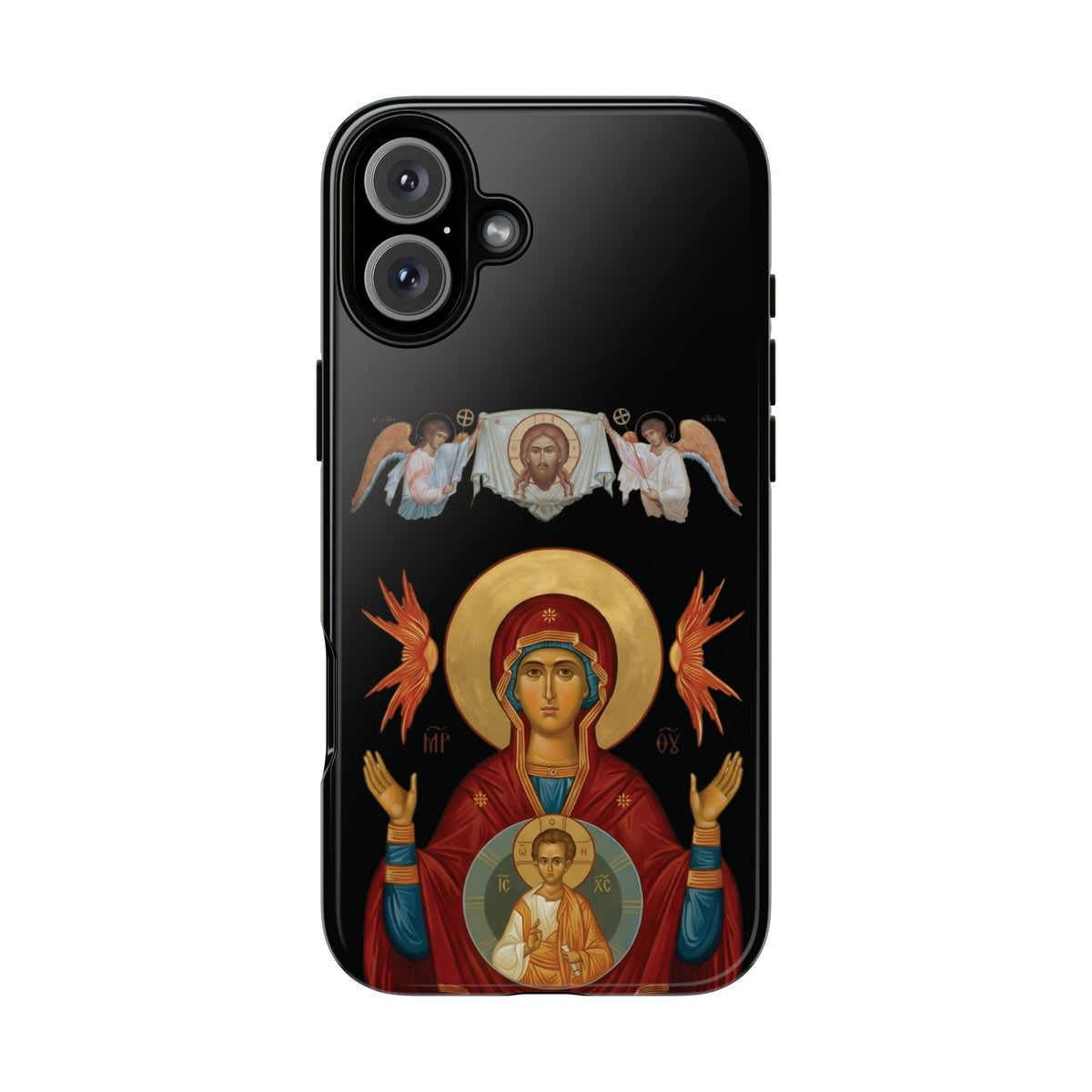 Christelijk telefoonhoesje De Heilige Maagd Maria zwart mat