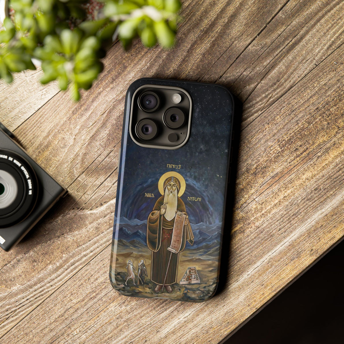 Christelijk telefoonhoesje Sint-Antonius de Grote donkerblauw mat
