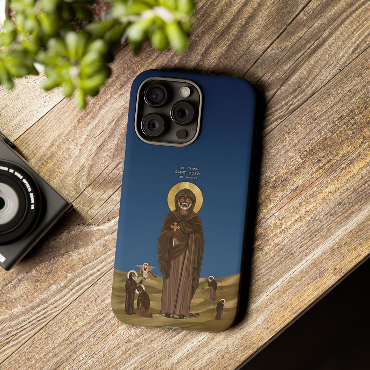 Christelijk telefoonhoesje Sint-Mozes de Sterke blauw mat