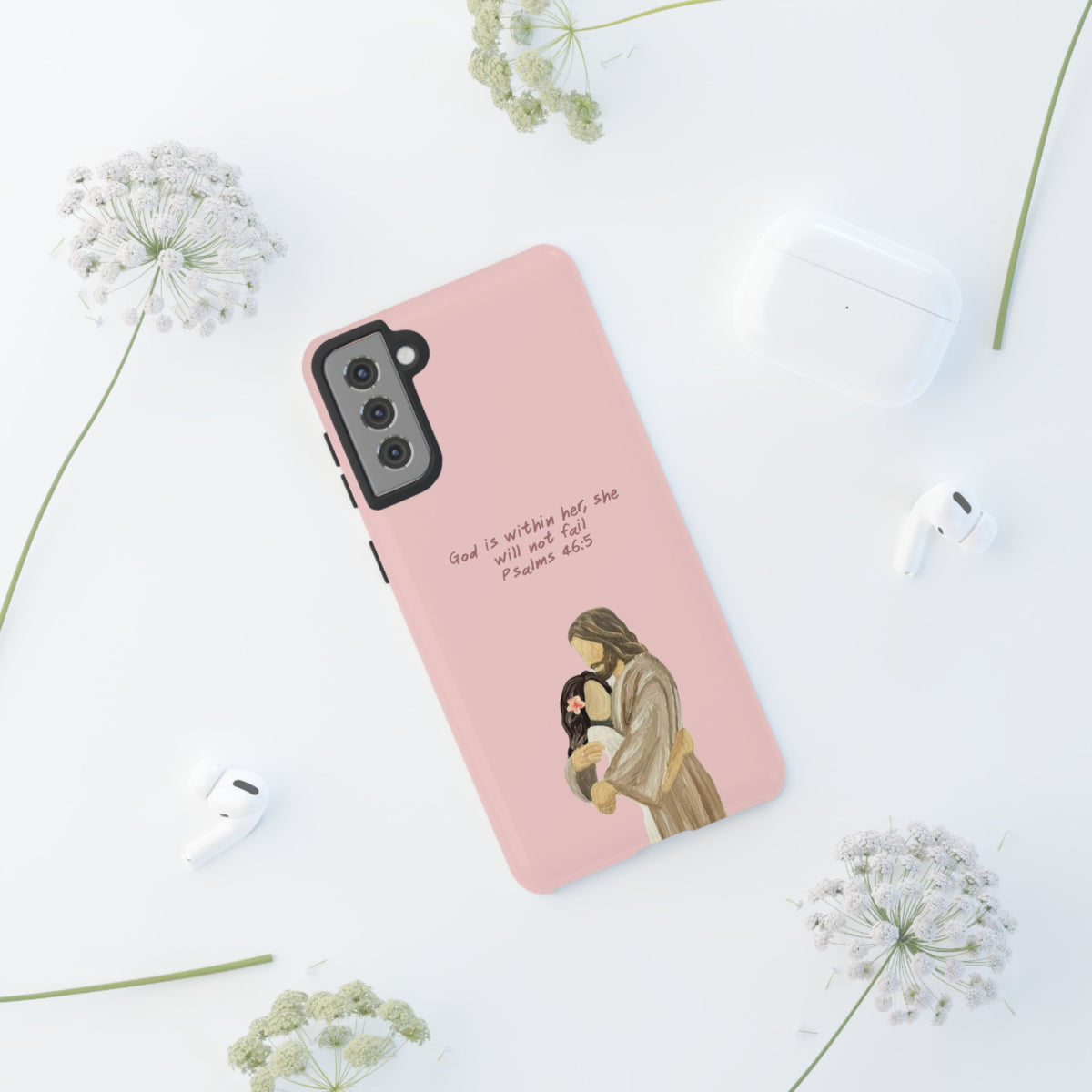 Christelijk telefoonhoesje God is in haar roze mat