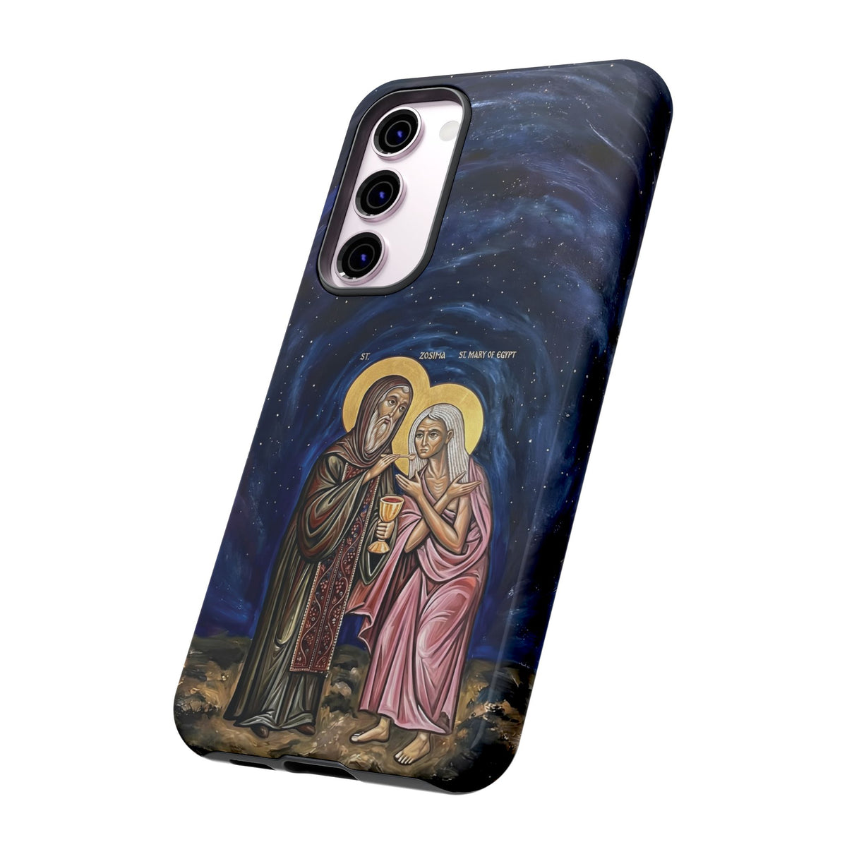 Christelijk telefoonhoesje Maria van Egypte en Sint-Zosimas donkerblauw mat
