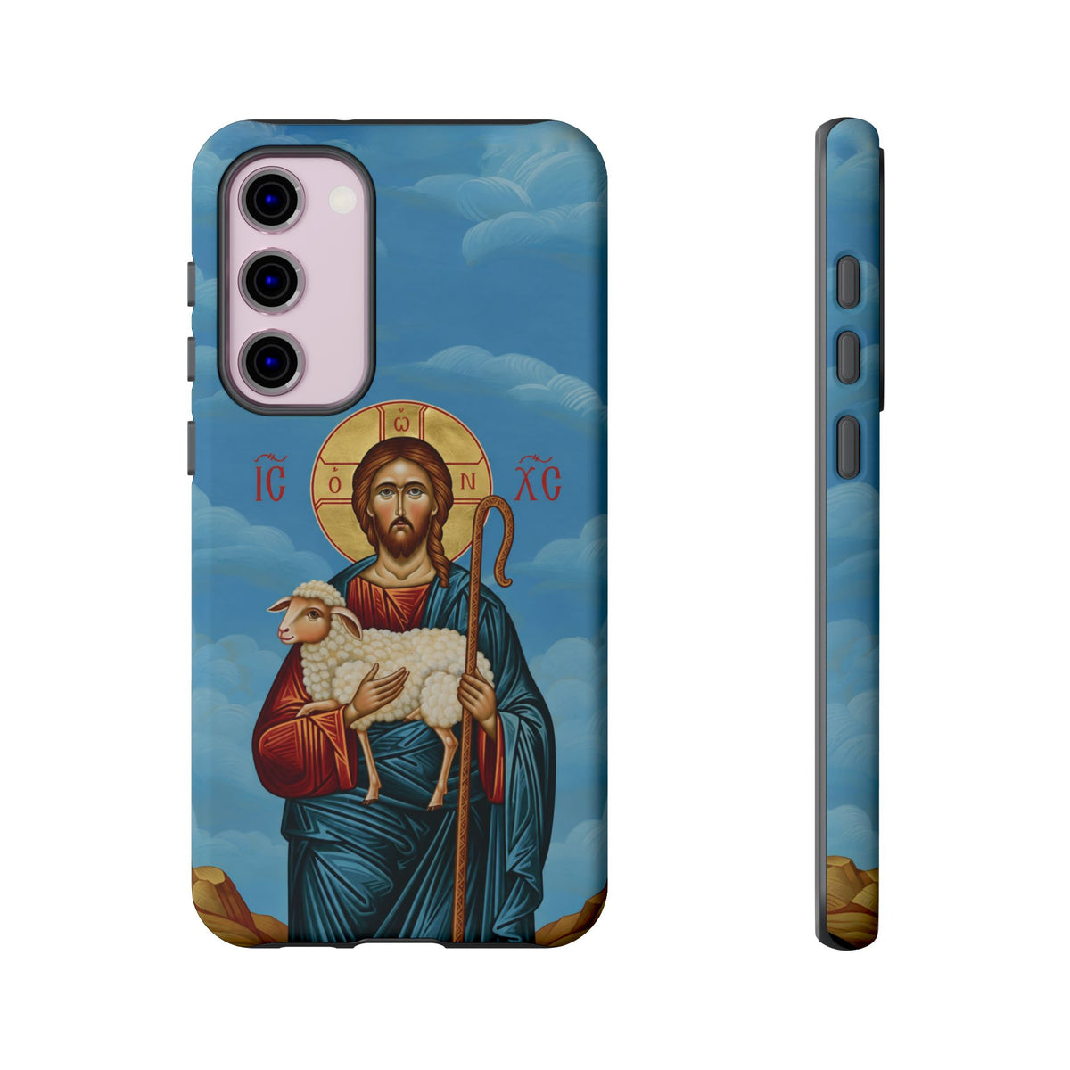 Christelijk telefoonhoesje De Goede Herder blauw mat