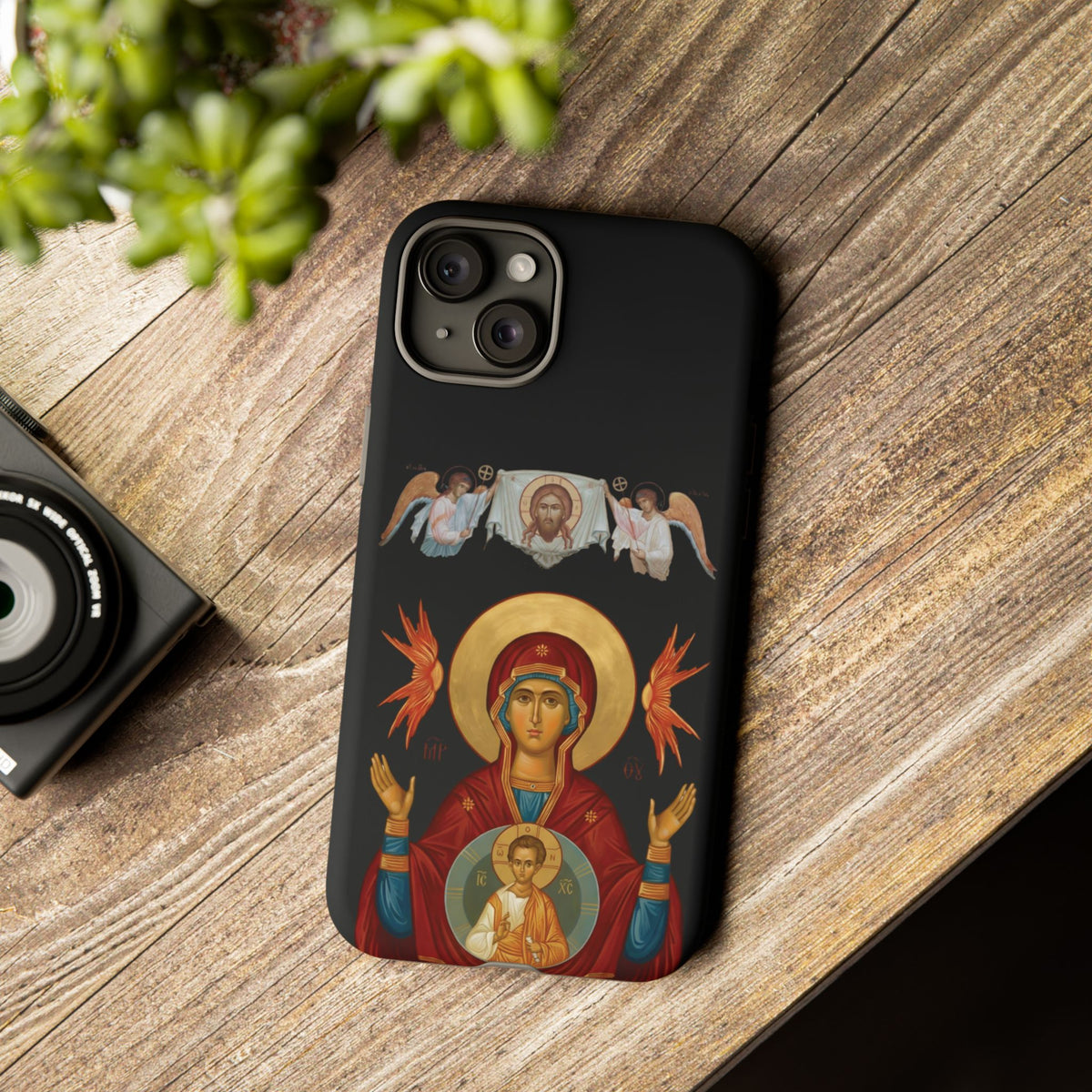 Christelijk telefoonhoesje De Heilige Maagd Maria zwart mat
