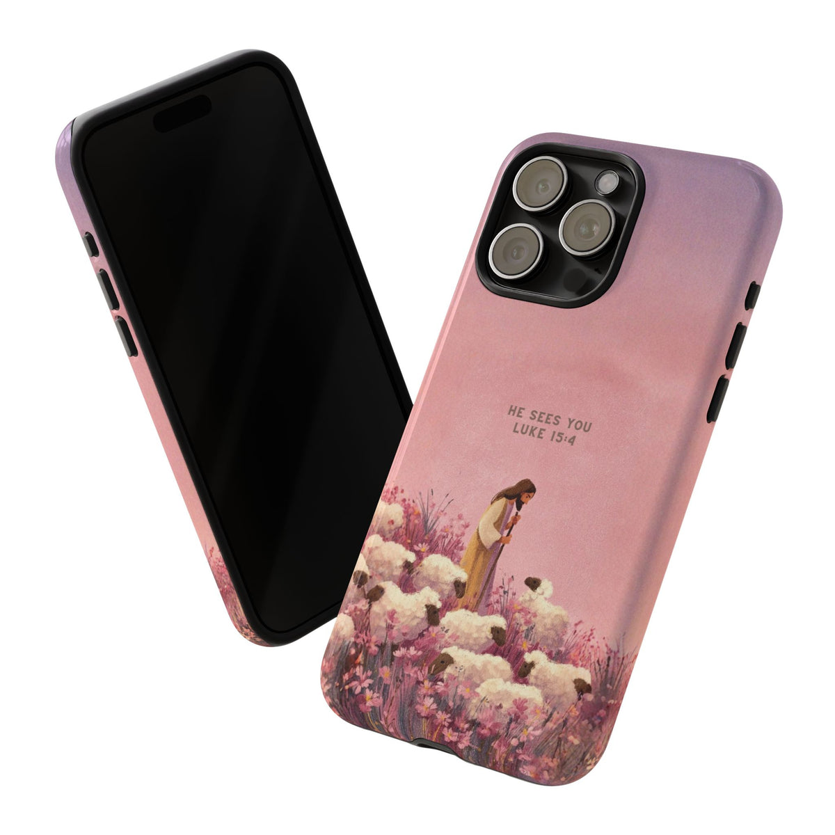 Christelijk telefoonhoesje Hij ziet jou roze mat