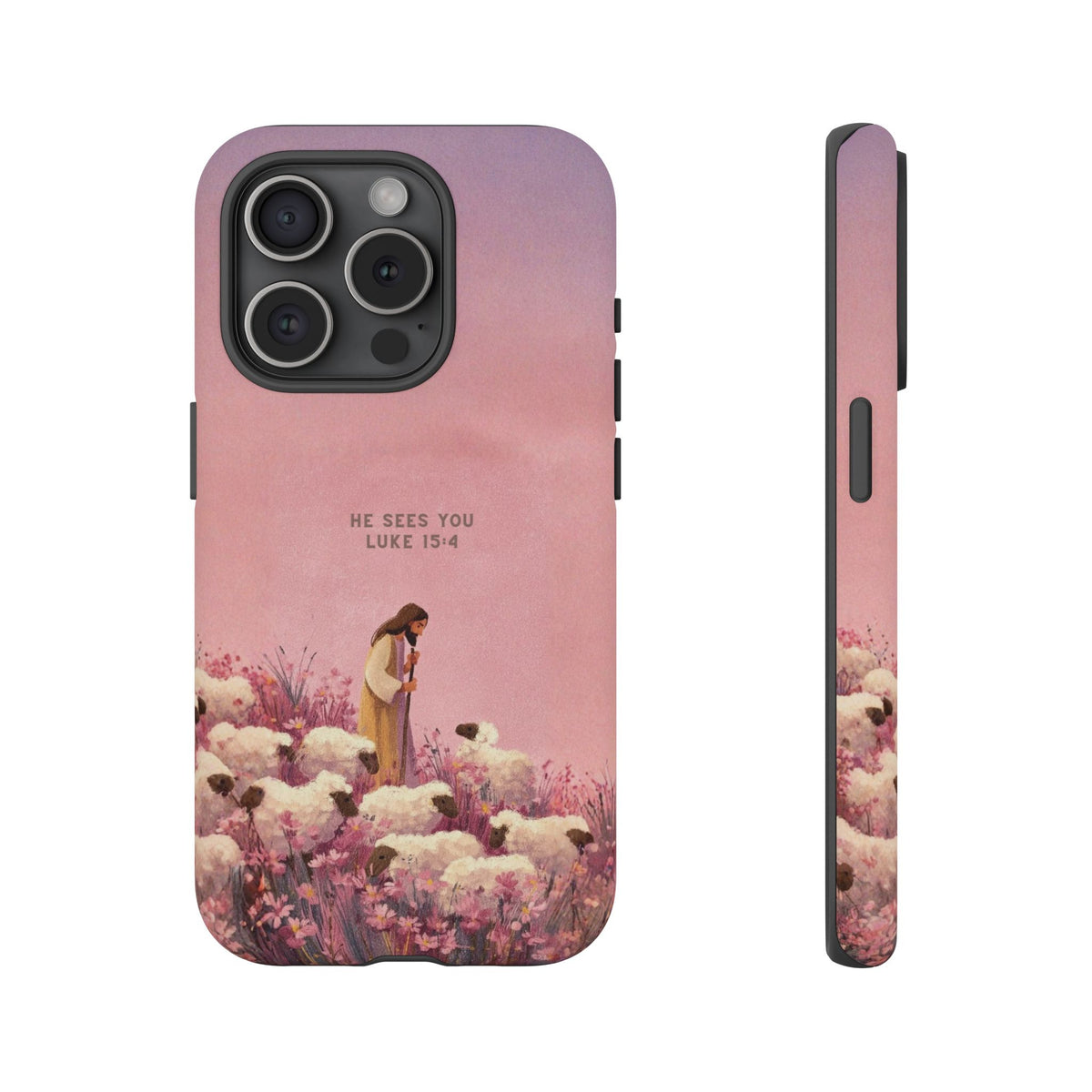 Christelijk telefoonhoesje Hij ziet jou roze mat