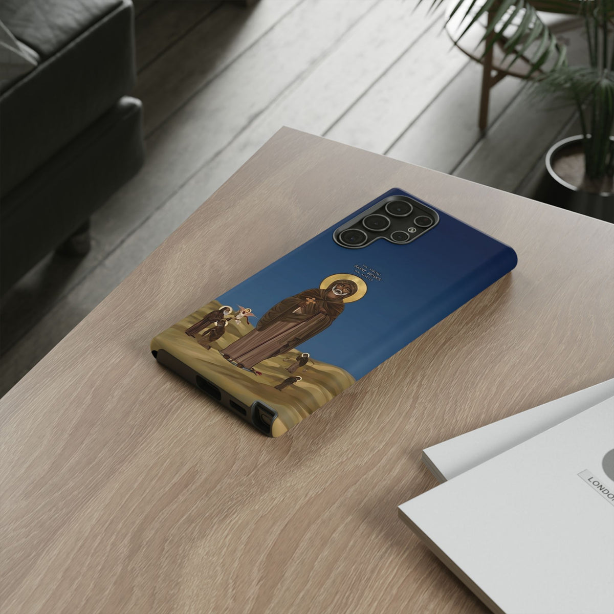 Christelijk telefoonhoesje Sint-Mozes de Sterke blauw mat