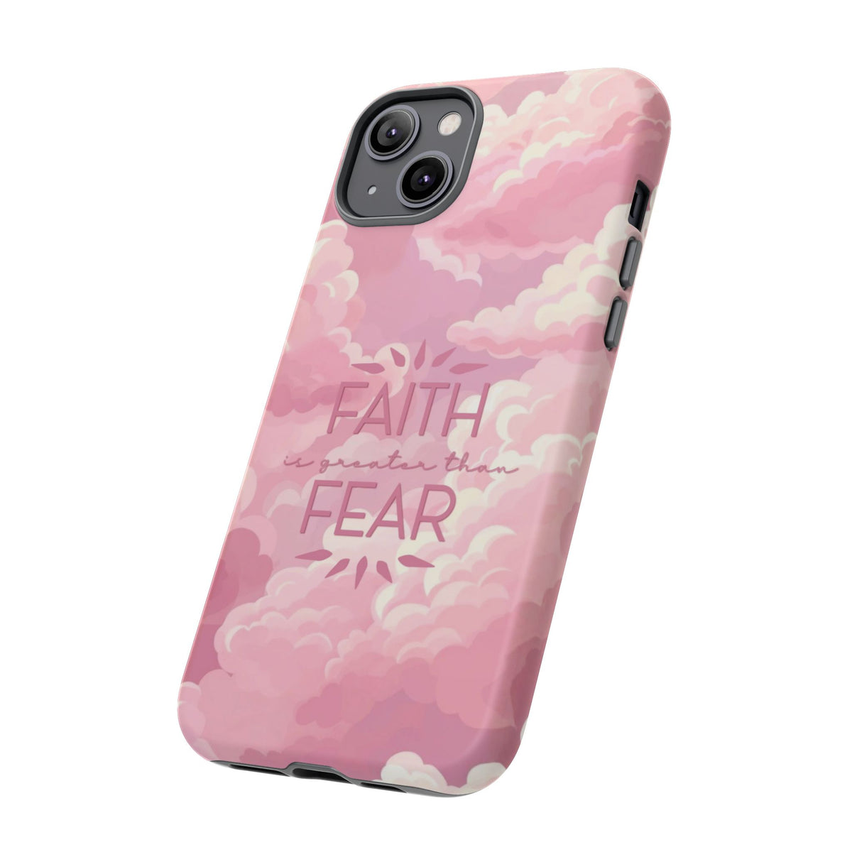 Christelijk telefoonhoesje Geloof is sterker dan angst roze mat