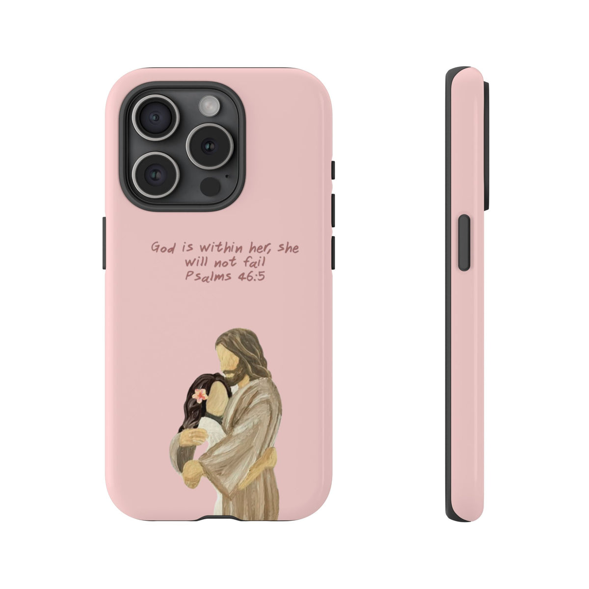 Christelijk telefoonhoesje God is in haar roze mat