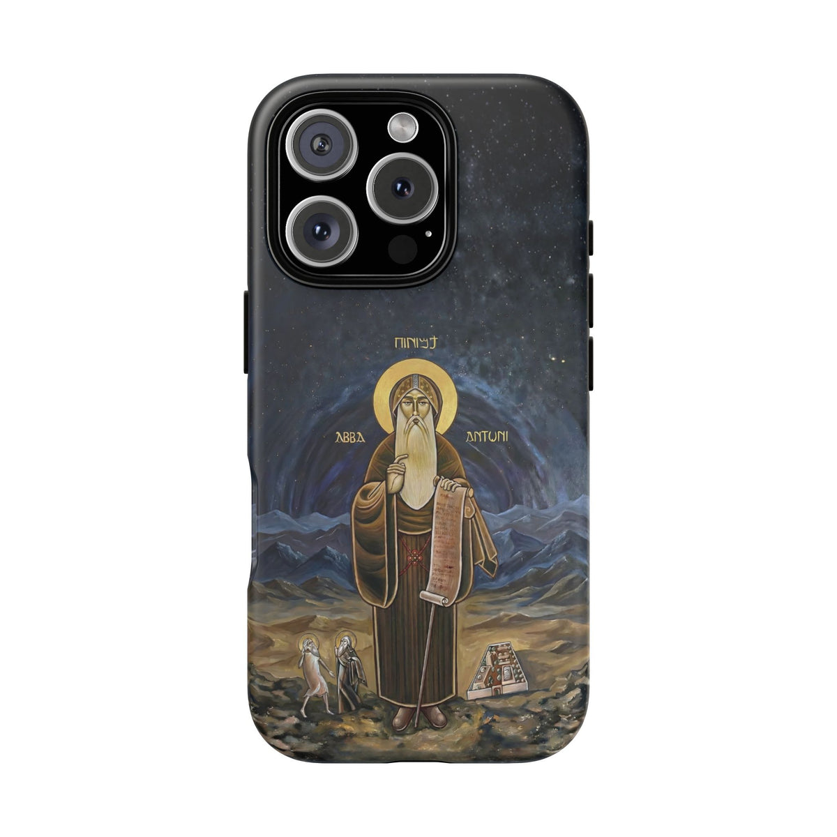 Christelijk telefoonhoesje Sint-Antonius de Grote donkerblauw mat