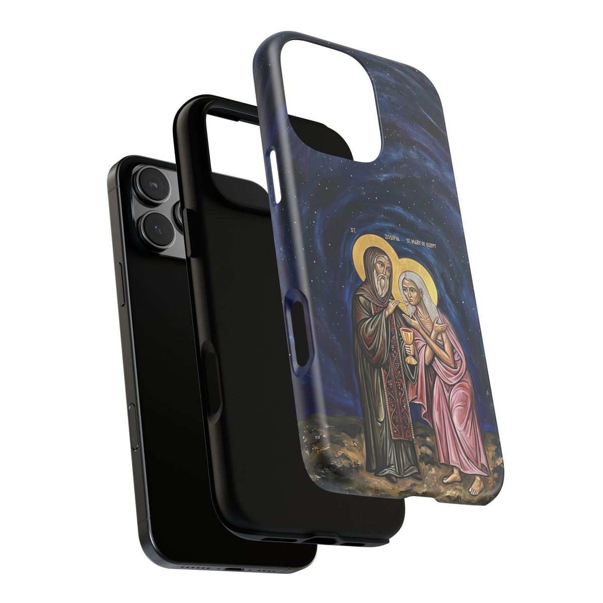 Christelijk telefoonhoesje Maria van Egypte en Sint-Zosimas donkerblauw mat