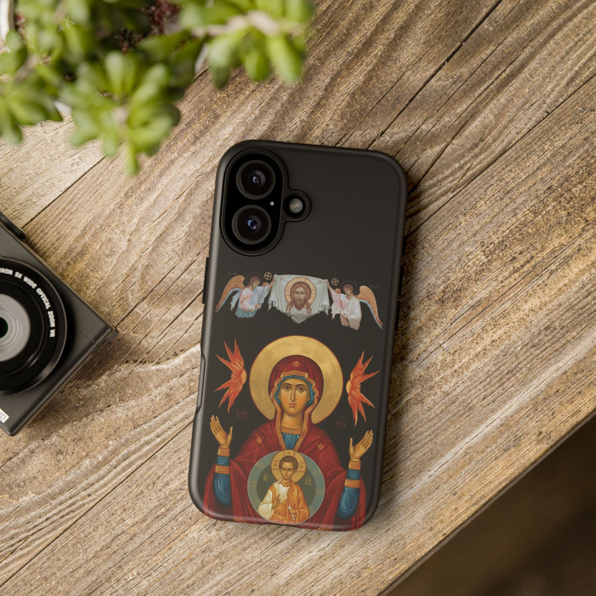 Christelijk telefoonhoesje De Heilige Maagd Maria zwart mat