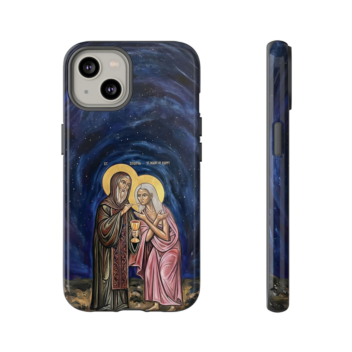 Christelijk telefoonhoesje Maria van Egypte en Sint-Zosimas donkerblauw mat
