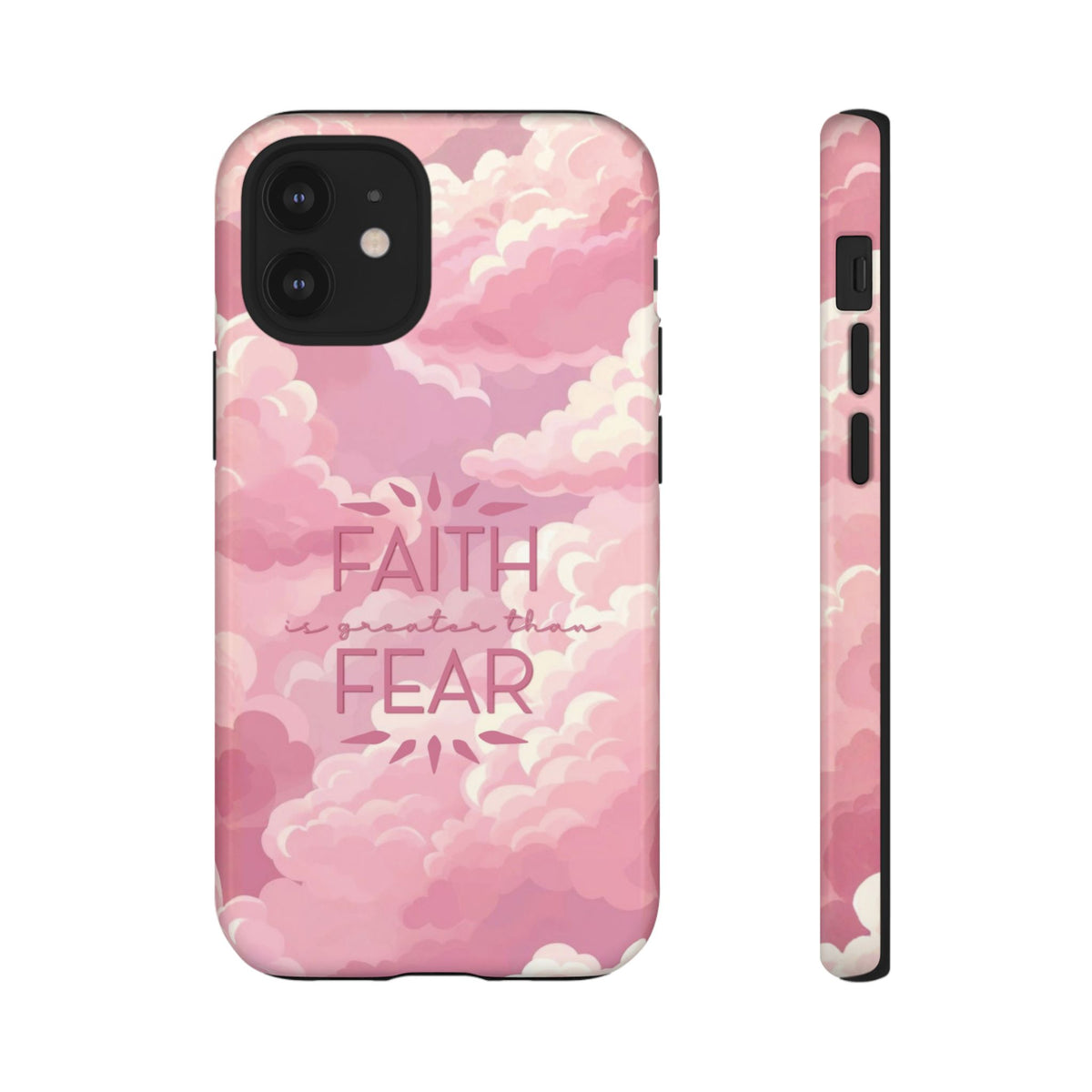 Christelijk telefoonhoesje Geloof is sterker dan angst roze mat