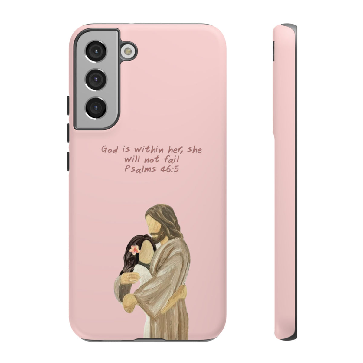 Christelijk telefoonhoesje God is in haar roze mat