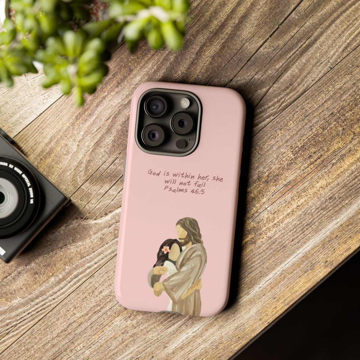 Christelijk telefoonhoesje God is in haar roze mat