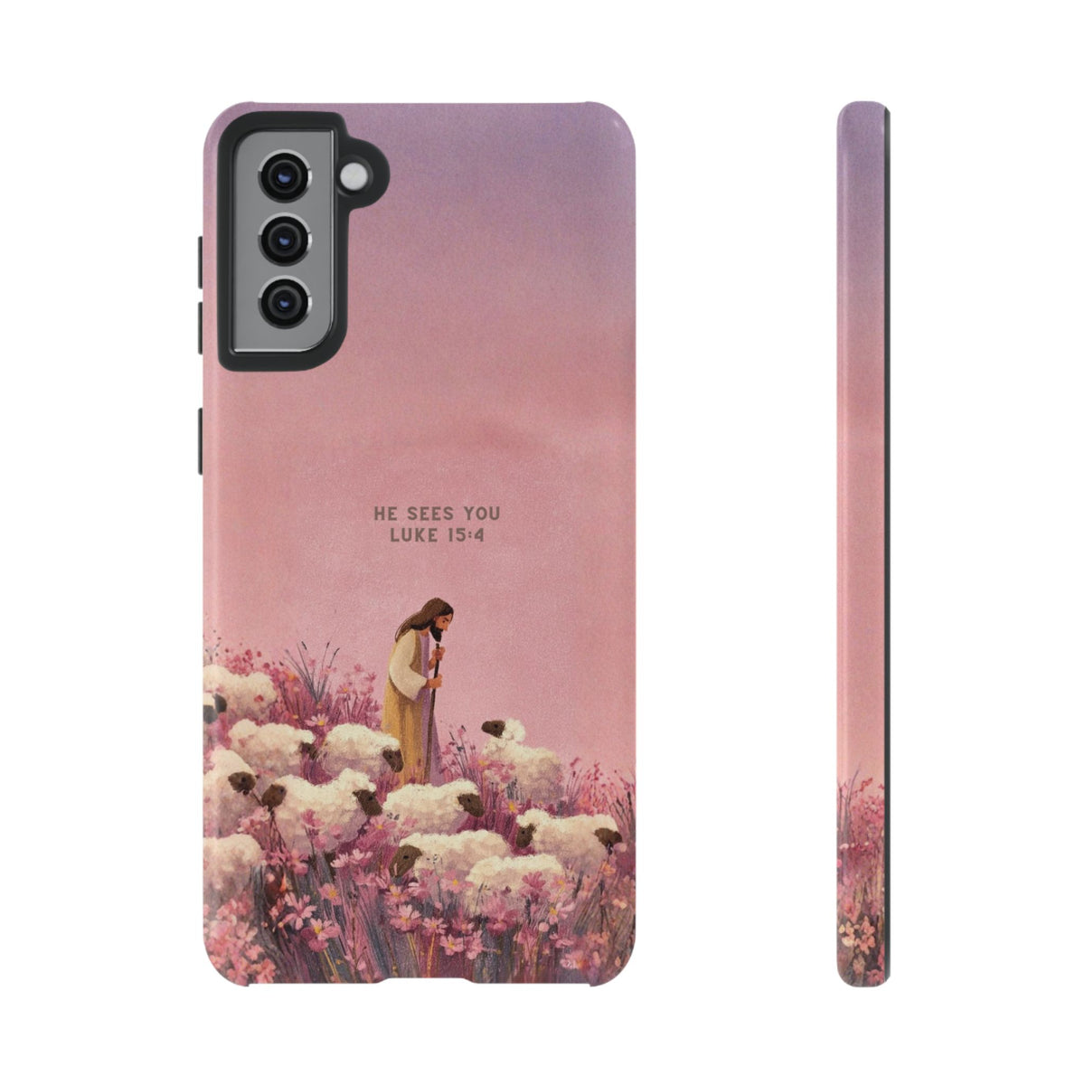 Christelijk telefoonhoesje Hij ziet jou roze mat