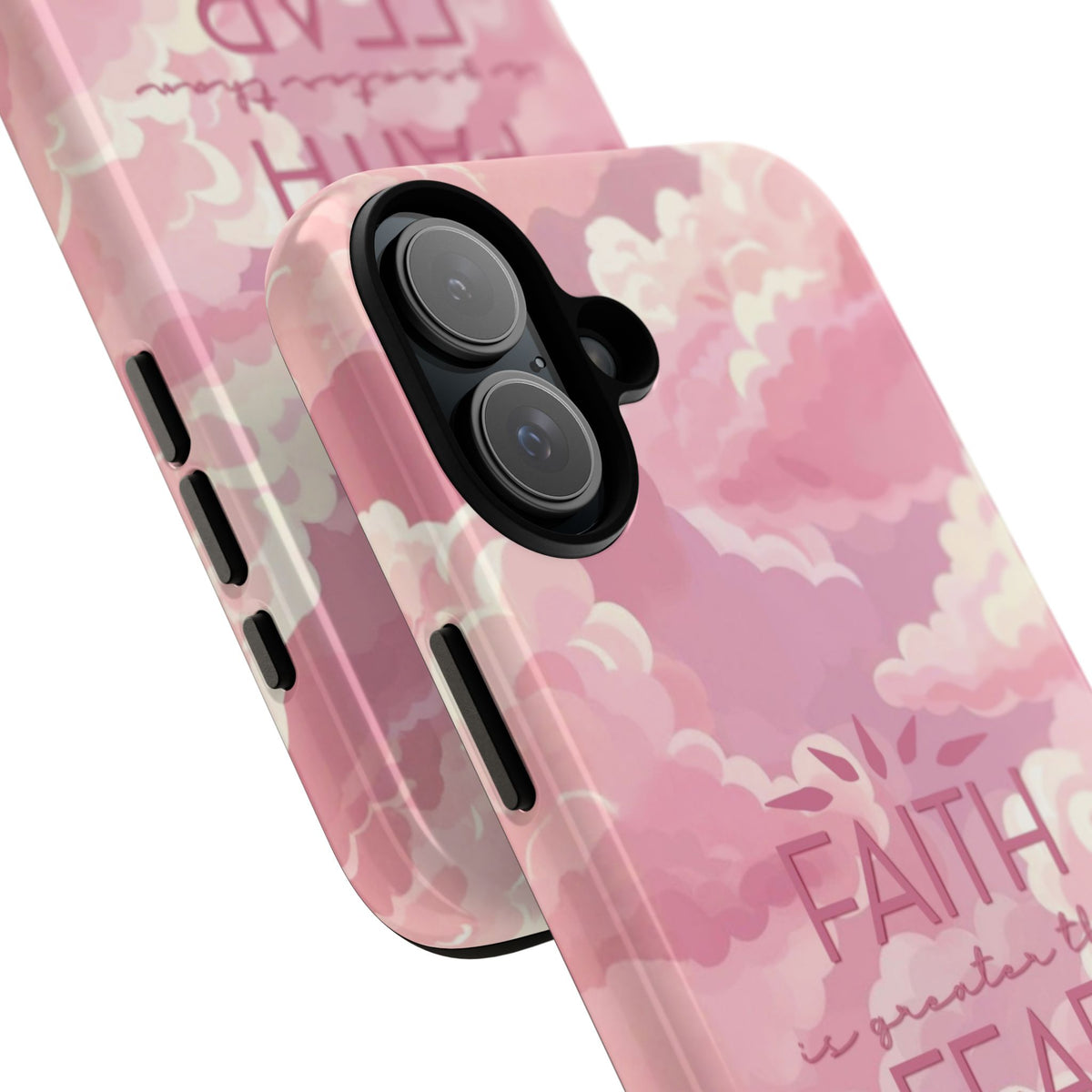 Christelijk telefoonhoesje Geloof is sterker dan angst roze mat