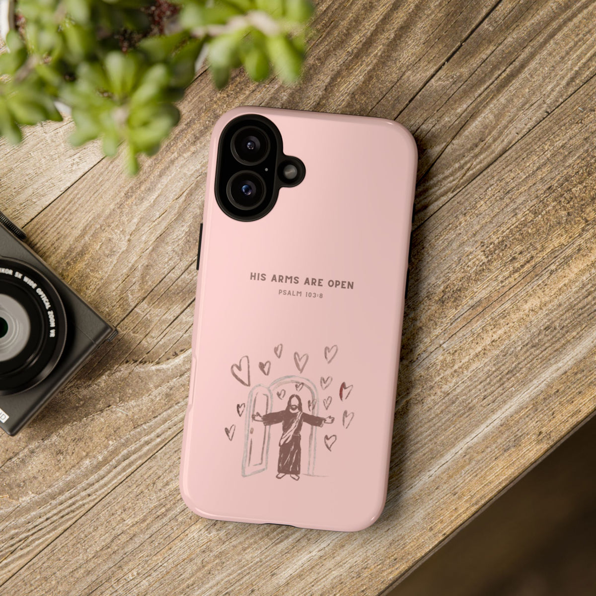 Christelijk telefoonhoesje Zijn armen staan open roze mat