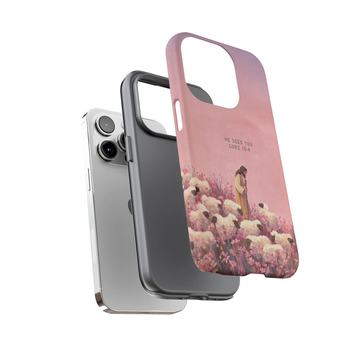 Christelijk telefoonhoesje Hij ziet jou roze mat