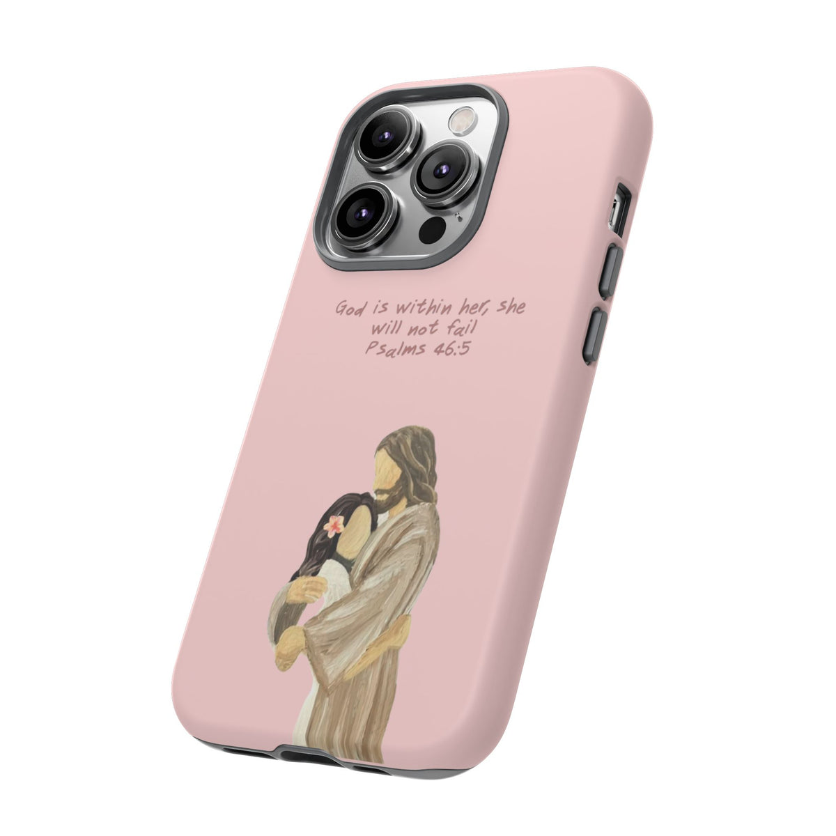 Christelijk telefoonhoesje God is in haar roze mat