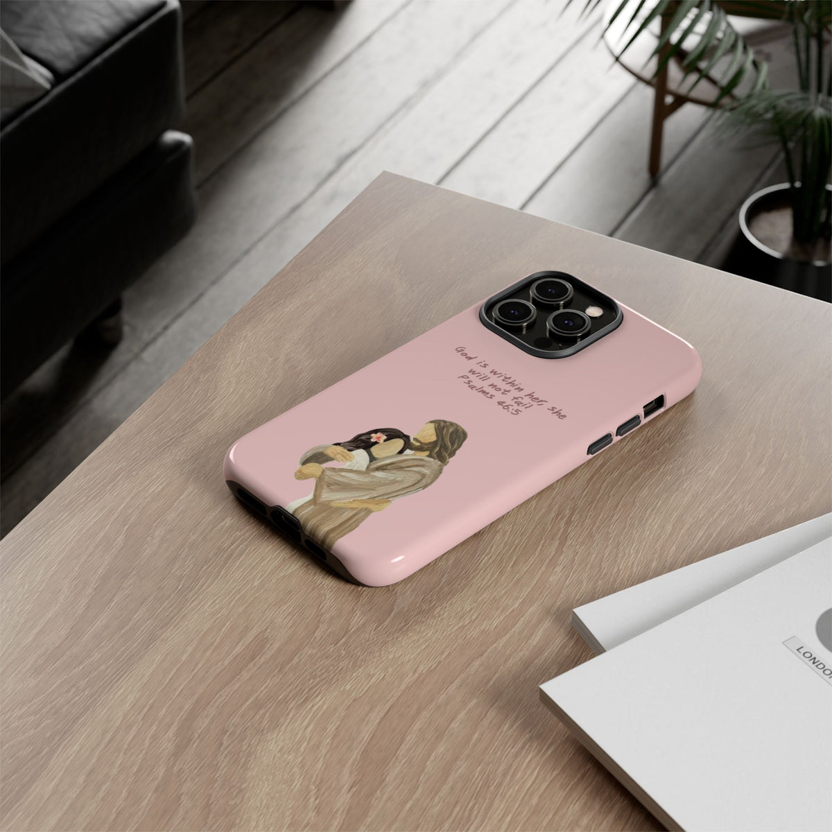 Christelijk telefoonhoesje God is in haar roze mat